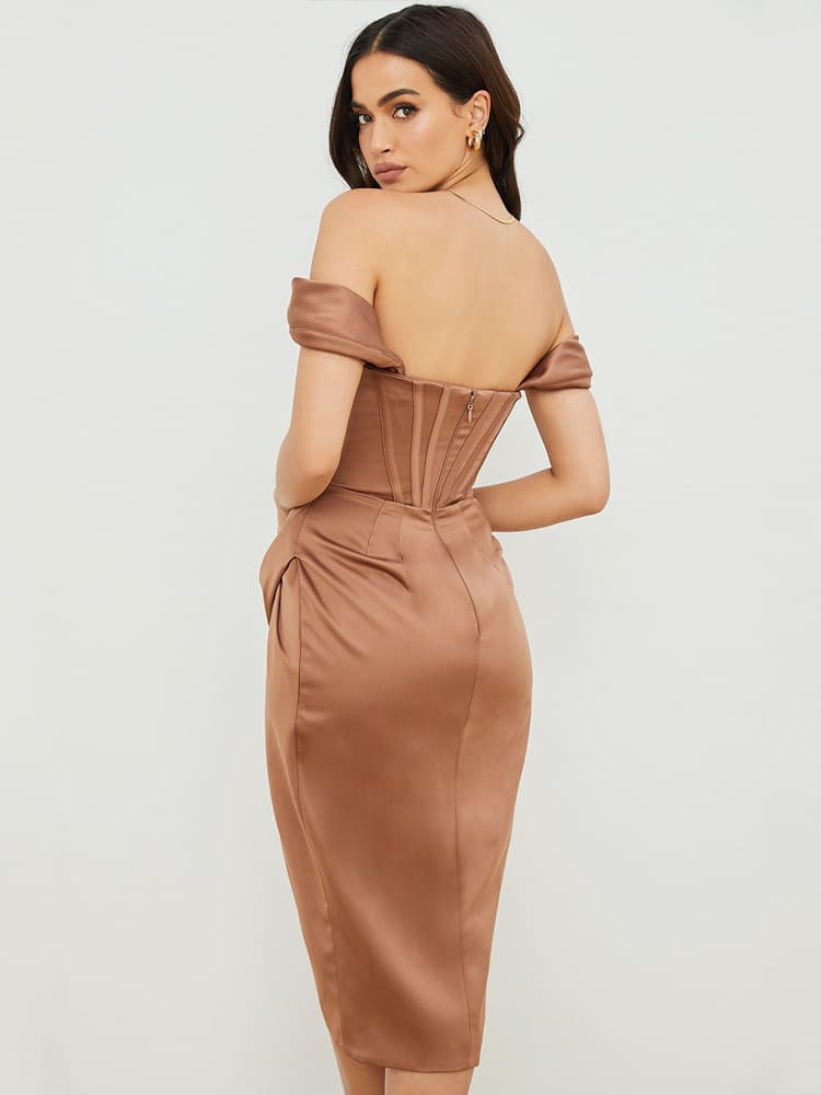 Kap Omuz Korse Bodycon Midi Elbise - Şeker Kahve