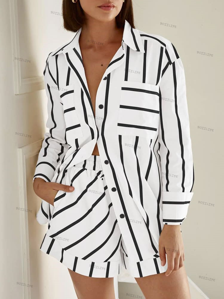 Stripe Renk Bloklu Baskılı Gömlek & Şort Seti