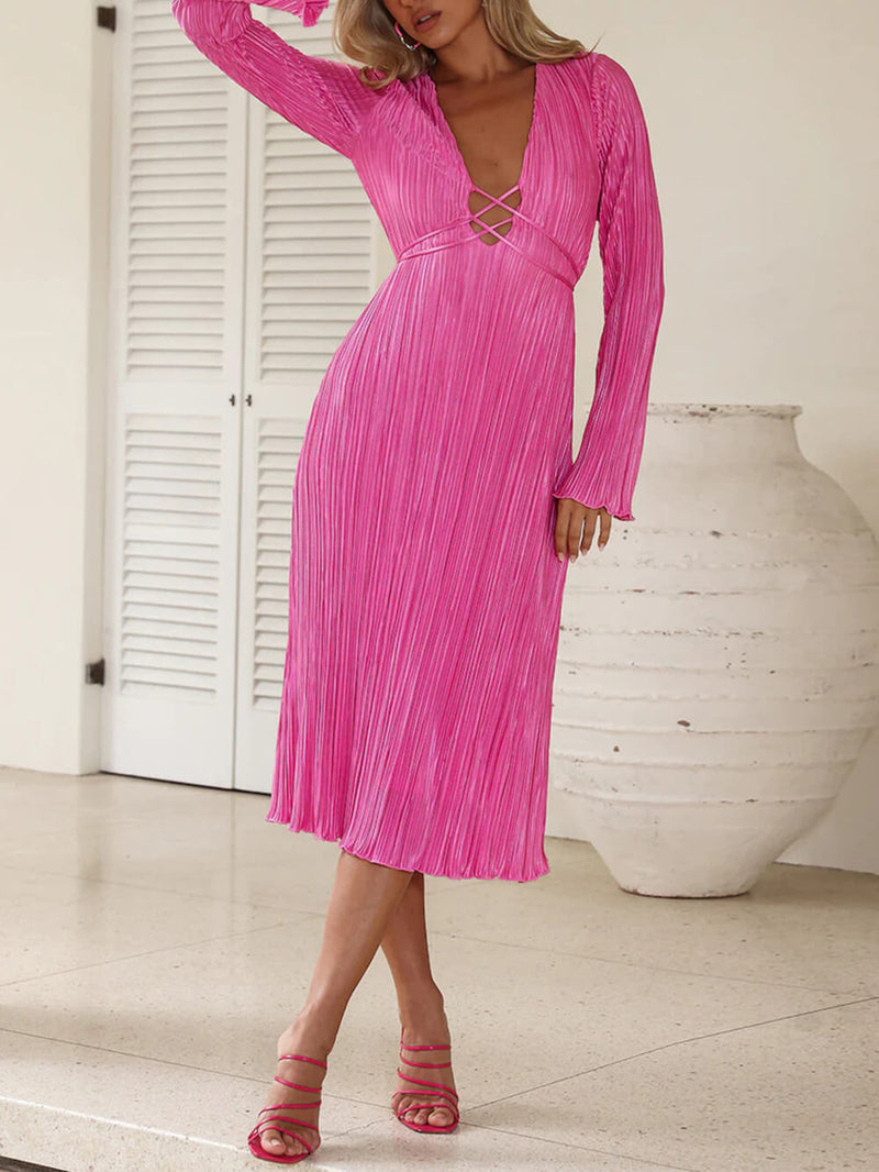 Mountain Vistas Dökümlü Pileli Çan Kol Midi Elbise