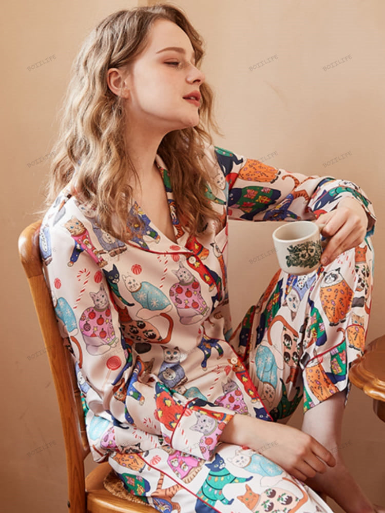 Şirin Kedi Desenli Buz İpeği Uzun Kollu Pijama Takımı