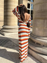 Zikzak Desenli Tığ İşi Sırtı Açık Uzun Elbise