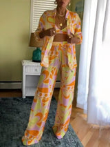 Klasik Desenli Bol Bel Lastikli Cepli Pantolon Takım