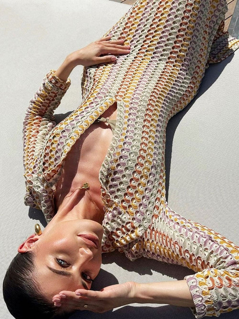 Boho Yaka V Yaka Ayrık Dalgalı Çizgili Tığ İşi Plaj Tatili Maxi Elbise - Kahverengi