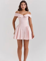 Bale Pembesi Düşük Omuzlu Spagetti Askılı Mini Elbise