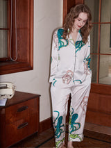 Ahtapot Desenli Buz İpek Uzun Kollu Lounge Giyim Seti - Beyaz
