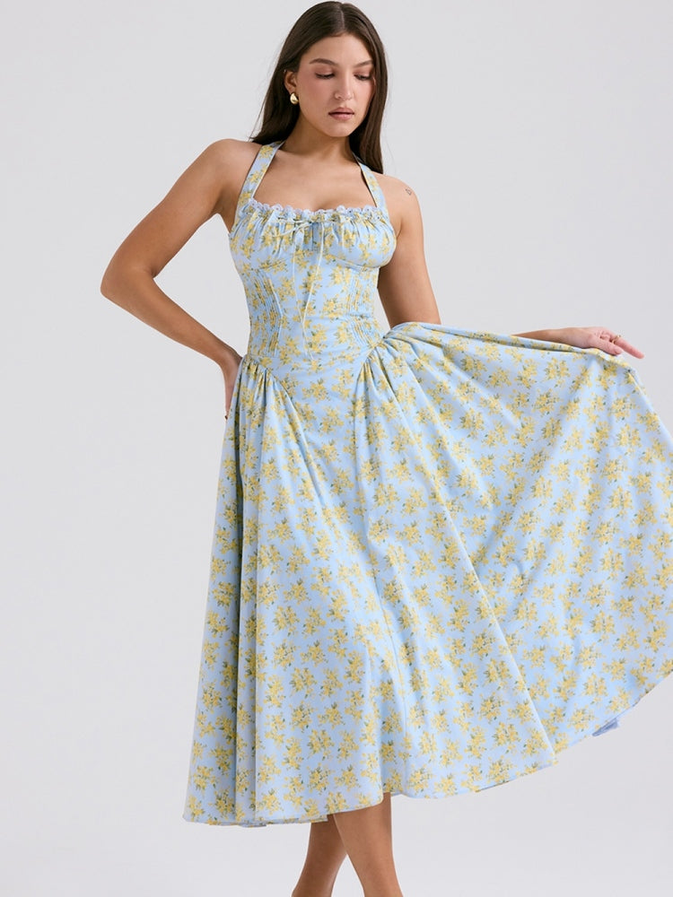 Yumuşak Mavi Vintage Çiçek Desenli Sırtı Açık Tank Elbise