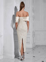 Askısız Sırt Yırtmaçlı Jakarlı Akşam Elbisesi