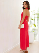 Günlük Düz Renk Kolsuz Sırtı Açık Boyundan Bağlamalı Midi Elbise