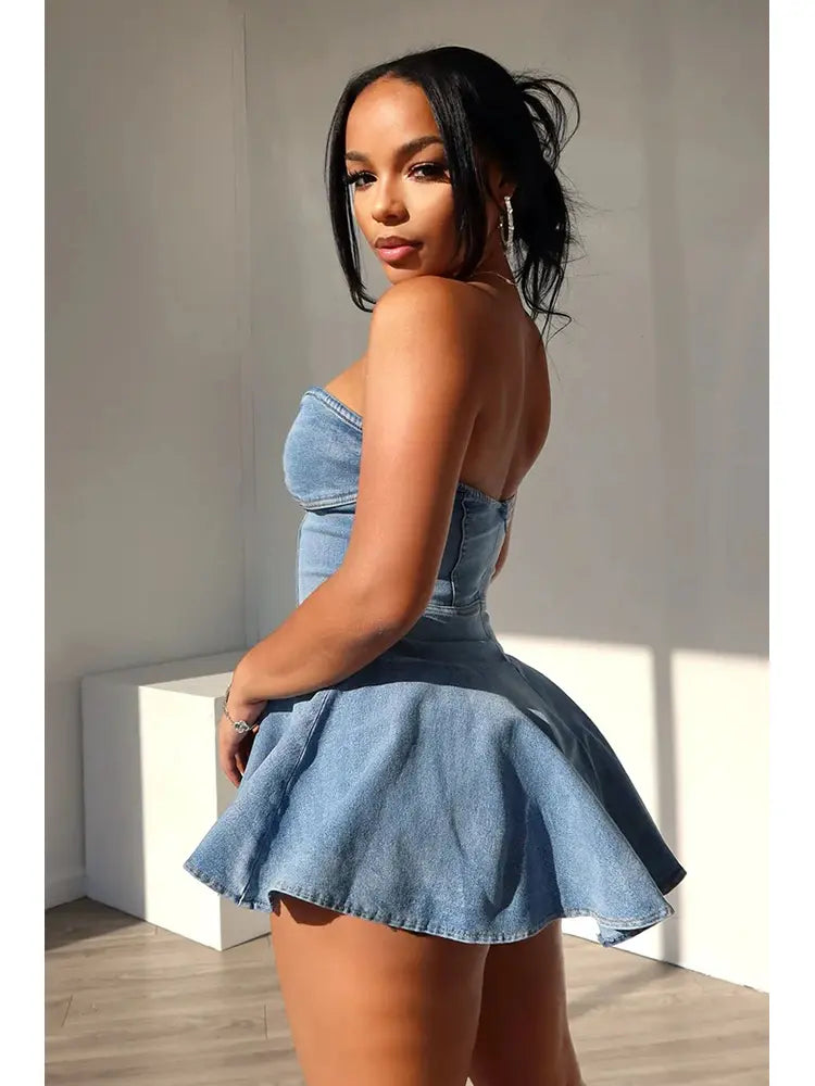 Straplez Volanlı Kot Elbise