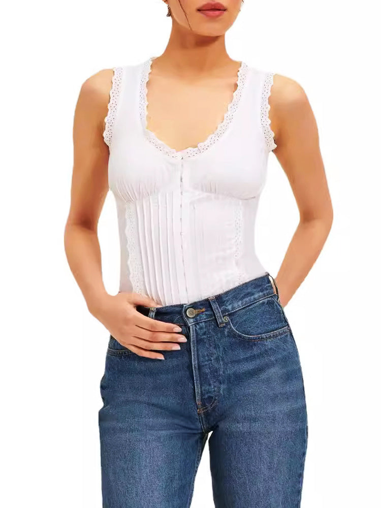 İşlemeli Dantel U Yaka Kolsuz Bluz