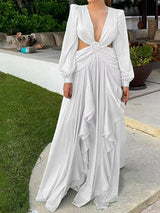 V Yaka Bel Kesim Fırfırlı Maxi Elbise