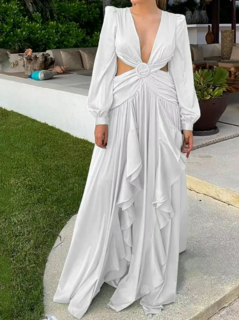 V Yaka Bel Kesim Fırfırlı Maxi Elbise