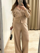 Parlak İpek Kapüşonlu Örgü Hırka Pantolon Takımı