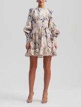 Çiçekler Bitkiler Balon Kollu Mini Elbise