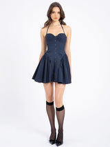 Lacivert Çizgili Halter Düşük Bel Mini Elbise