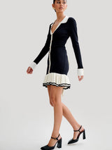 Fırfırlı İnci Düğmeli Triko Mini Elbise