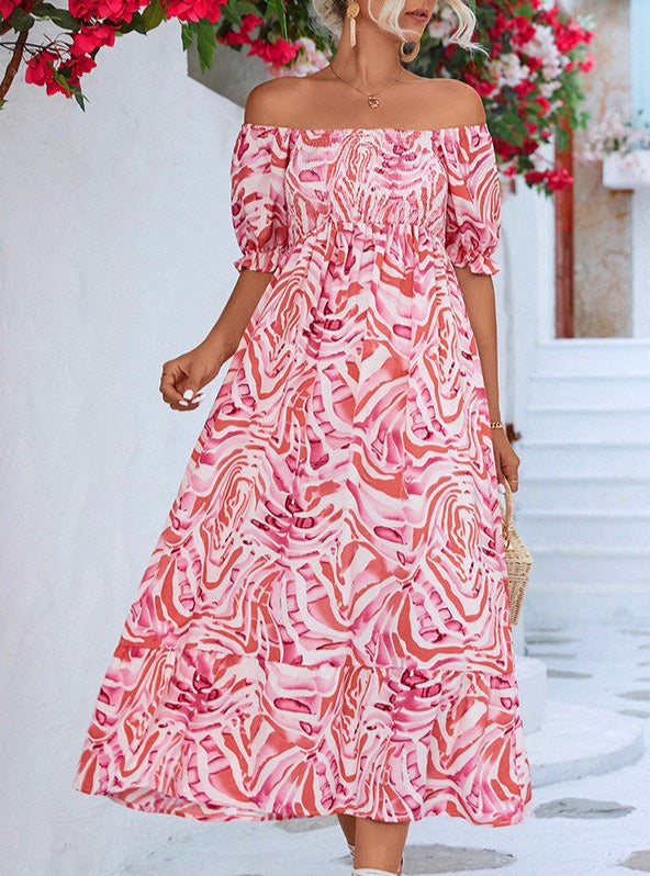 Büzgülü Desenli Omuzu Açık Midi Elbise