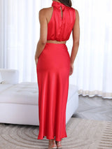 Saten Boyundan Bağlamalı Crop Top + Wrap Mini Etek