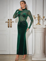 Seksi Kadife File Kollu Elbise