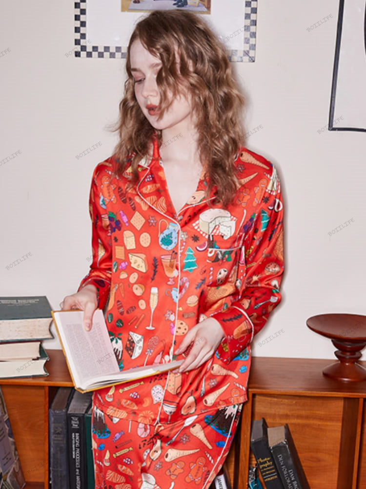 Tatlı Baskılı Uzun Kollu Buz İpeği Ev Giyimi Seti