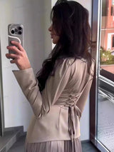 Renk Blok Ekleme Dar Kesim Bağcıklı Uzun Kollu Maxi Elbise