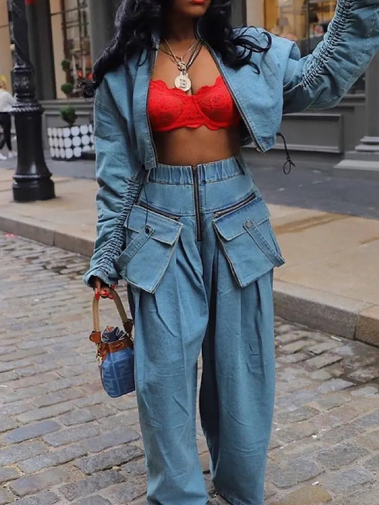 Vintage Geniş Paça Denim İkili Takım