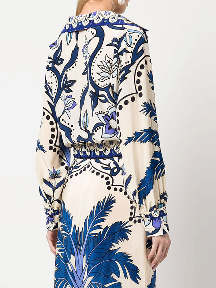 Moda Baskılı V Yaka Uzun Kollu Kırpılmış Üst ve Etek Takımı