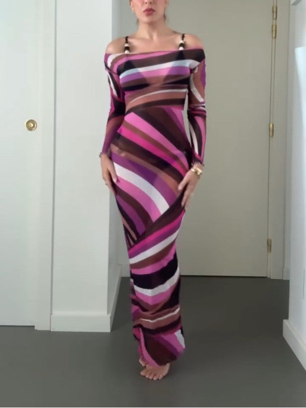 Vivid Mirage Mesh Maxi Dress With Scarf