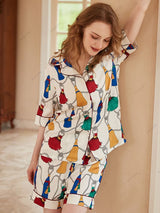 Saçak Desenli Buz İpek Kısa Kollu Lounge Giyim Seti