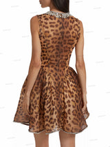 Leopar Desenli Yuvarlak Yaka Kristal Elbise