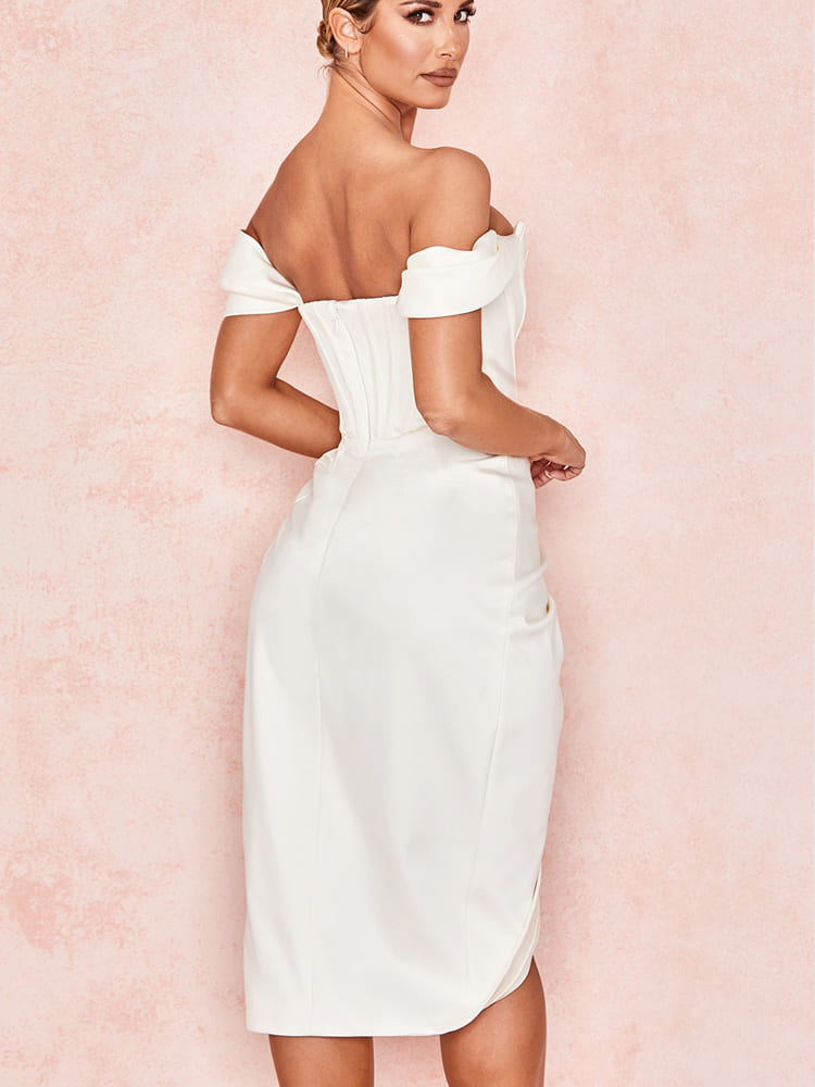 Kollu Korse Bodycon Midi Elbise - Beyaz