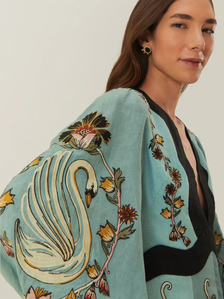 Kolsuz Keten Düşük Bel Midi Elbise