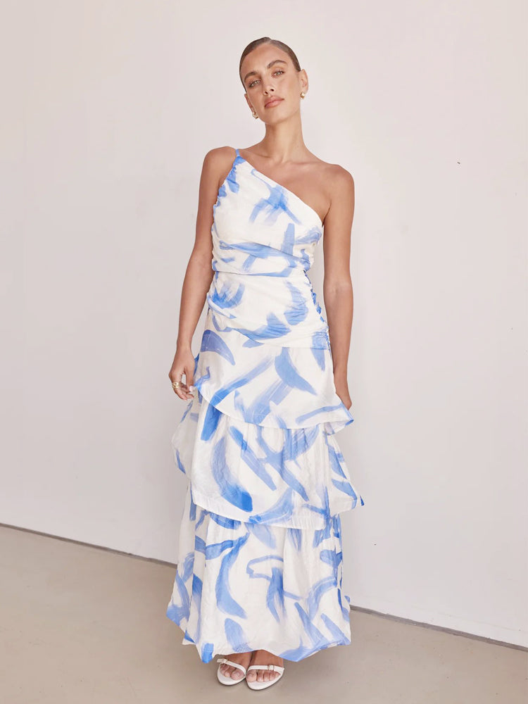 Tek Omuzlu Askılı Çiçek Desenli Elbise