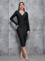 Seksi V-Yaka Fringeli Bandaj Elbise