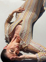 Boho Yaka V Yaka Ayrık Dalgalı Çizgili Tığ İşi Plaj Tatili Maxi Elbise - Kahverengi