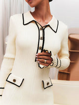 Uzun Kollu Yaka Detaylı Triko Mini Elbise