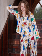 Püsküllü Desen Buz İpek Uzun Kollu Lounge Giyim Seti