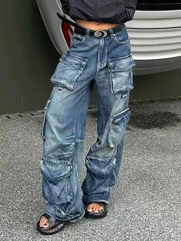Vintage Çok Cepli Denim İş Pantolonu