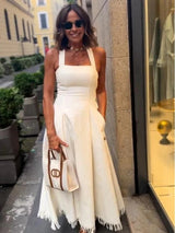 Boho Fringed White Maxi Dress with Pockets