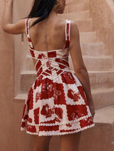 Çiçekli Dekoratif Benzersiz Baskı V Yaka İçi Boş A-Line Mini Elbise