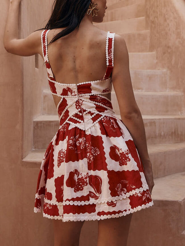 Çiçekli Dekoratif Benzersiz Baskı V Yaka İçi Boş A-Line Mini Elbise