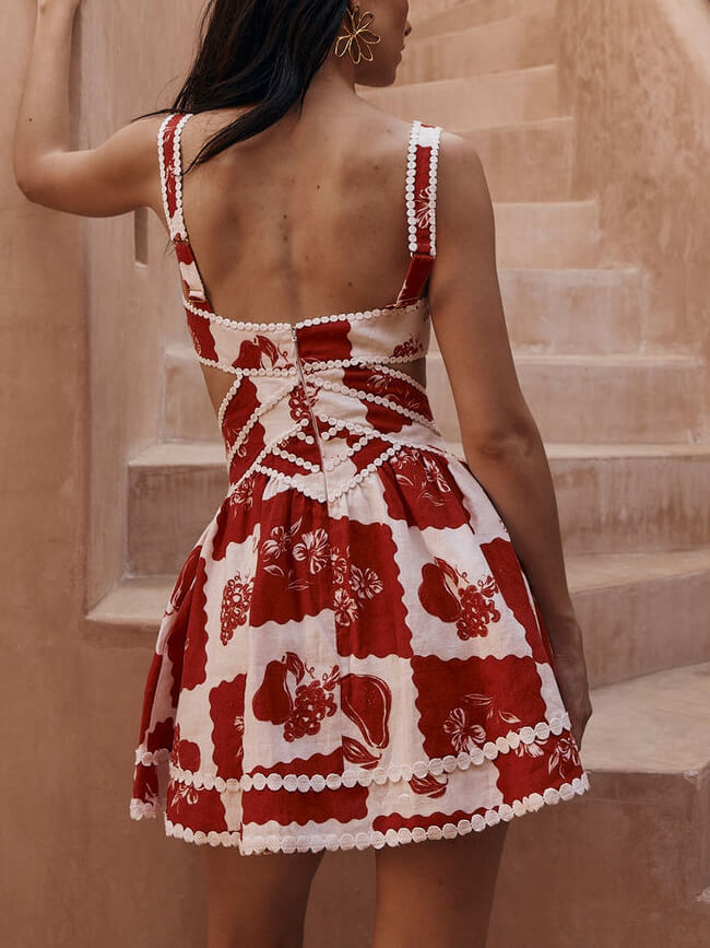 Çiçekli Dekoratif Benzersiz Baskı V Yaka İçi Boş A-Line Mini Elbise