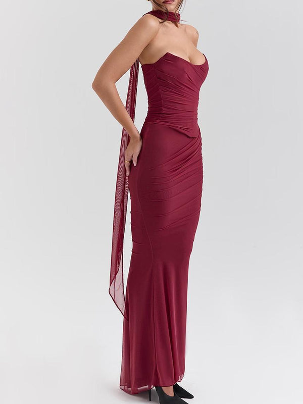 Mor Straplez Korsaj ve Kravatlı Yüksek Bel Etek Takımı