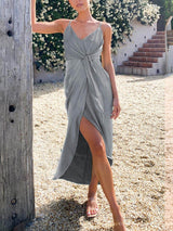 Şık Benzersiz Askılı Fransız Boyundan Bağlamalı Midi Elbiseler