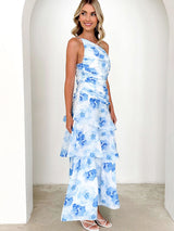 Tek Omuzlu Askılı Çiçek Desenli Elbise