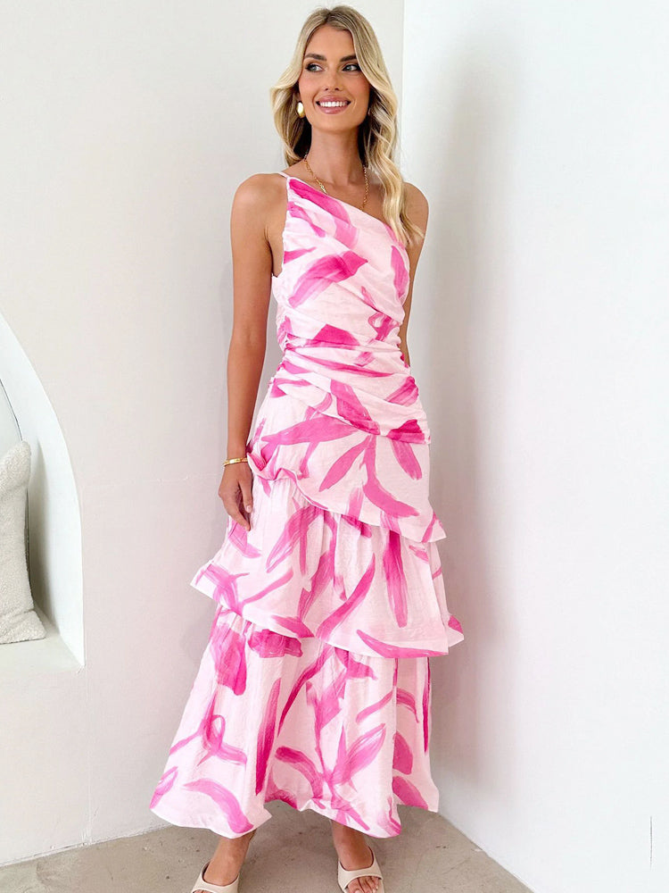 Tek Omuzlu Askılı Çiçek Desenli Elbise