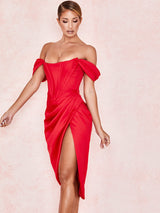 Kollu Korse Bodycon Midi Elbise - Kırmızı