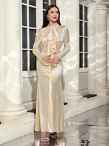 Uzun Kollu Omuz Açık Bağlama Elbisesi