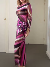 Vivid Mirage Mesh Maxi Dress With Scarf