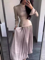 Renk Blok Ekleme Dar Kesim Bağcıklı Uzun Kollu Maxi Elbise